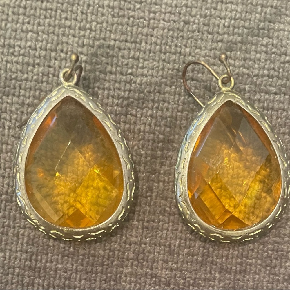 Bezel Gemstone Teardrop Citrine Pendant Earrings - Gold Tone